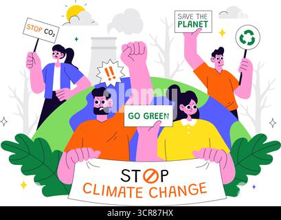 Illustrazione di protesta contro il cambiamento climatico con persone che tengono cartelli con slogan per proteggere l'ambiente, salvare il pianeta e fermare il riscaldamento globale Illustrazione Vettoriale