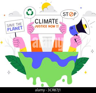 Illustrazione di protesta contro il cambiamento climatico con persone che tengono cartelli con slogan per proteggere l'ambiente, salvare il pianeta e fermare il riscaldamento globale Illustrazione Vettoriale