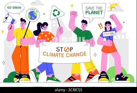 Illustrazione di protesta contro il cambiamento climatico con persone che tengono cartelli con slogan per proteggere l'ambiente, salvare il pianeta e fermare il riscaldamento globale Illustrazione Vettoriale