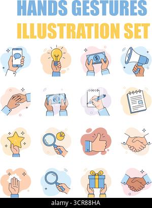 Set di illustrazioni dei gesti delle mani: Pollice in alto, stretta di mano, presa di smartphone e matita - vettore del concetto aziendale Illustrazione Vettoriale