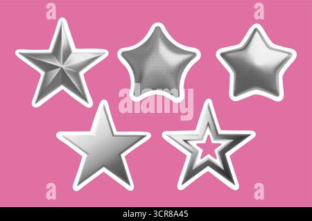 Set di stelle mezzitoni. Icone di adesivi in stile fumetto retrò per pop art, poster, moda, social media e decorazioni. Illustrazione vettoriale isolata Illustrazione Vettoriale