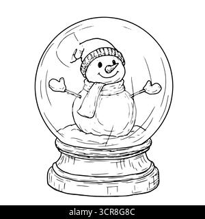 Sfera di vetro su un piedistallo, schizzo in bianco e nero. Illustrazione vettoriale. Ballo di Natale con pupazzo di neve e neve, isolato su sfondo bianco. Concetto per Illustrazione Vettoriale