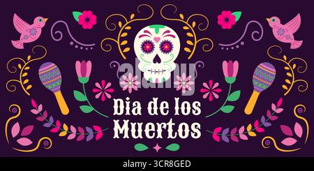 Mexican dia de los Muertos poster vettoriale con teschio di zucchero, fiori ed elementi artistici popolari. Illustrazione Vettoriale