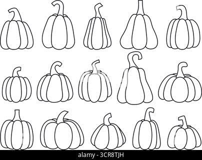 Set di semplici icone di zucca nere. Sagome di zucca di varie forme e dimensioni. Verdure gourde disegnate a mano, elementi vettoriali Illustrazione Vettoriale