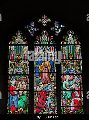 Vetrate colorate nella cattedrale di Ely, Inghilterra. Foto Stock