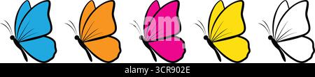 Un set colorato di cinque icone a farfalla, tra cui blu, arancione, rosa, giallo, e delineare le versioni, perfette per la natura o la bellezza Illustrazione Vettoriale