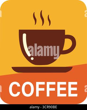 Logo della tazza di caffè fumante su uno sfondo giallo e arancione, un'illustrazione per un bar, un caffè, una mattina o una bevanda calda Illustrazione Vettoriale