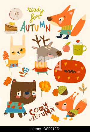 Set di cartoni animati con divertenti animali ed elementi autunnali Illustrazione Vettoriale