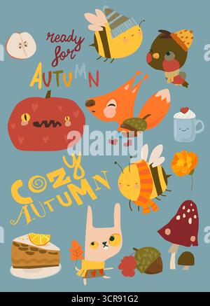 Set di cartoni animati con divertenti animali ed elementi autunnali Illustrazione Vettoriale