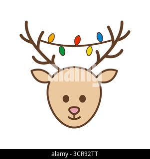 Carino testa di renne cartoni animati con colorate luci natalizie sulle corna, isolata su sfondo bianco. Illustrazione Vettoriale