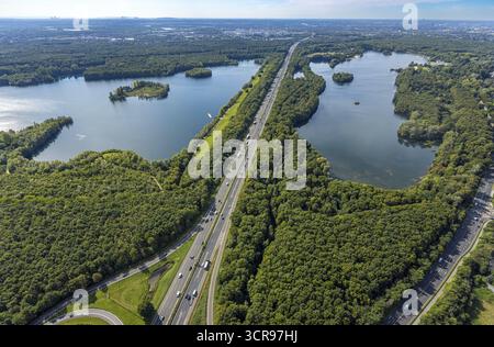Vista aerea, Elbsee con l'isola Elbsee e Unterbacher SEE con Sonneninsel, autostrada A46, Unterbach, Duesseldorf, zona della Ruhr, Renania settentrionale-Vestfalia, Foto Stock