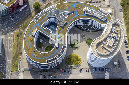 Foto aerea, sede centrale di trivago N.V. nel porto dei media, Duesseldorf, regione della Ruhr, Renania settentrionale-Vestfalia, Germania, DE, Europa, commerciale Foto Stock