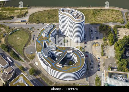 Foto aerea, sede centrale di trivago N.V. nel porto dei media, Duesseldorf, regione della Ruhr, Renania settentrionale-Vestfalia, Germania, DE, Europa, commerciale Foto Stock