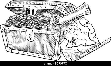 Treasure Island. Grafica in bianco e nero, illustrazioni vettoriali disegnate a mano. Viaggio medievale in mare. Tema dei pirati. Per giochi e feste per bambini Illustrazione Vettoriale