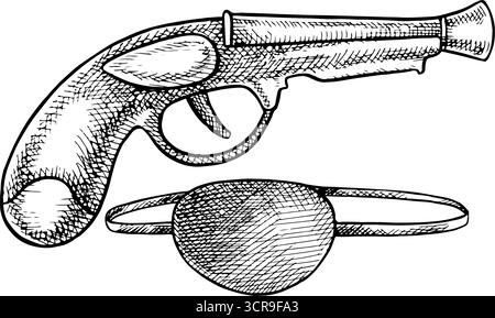Pirata. Pistola e occhiello. Grafica in bianco e nero, illustrazione vettoriale. Disegnato a mano. Per decorare giochi e vacanze per bambini. Per adesivi Illustrazione Vettoriale