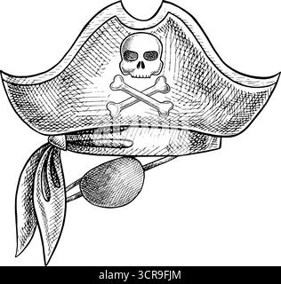Costume da pirata, cappello tricorno, bandana e occhiello. Grafica in bianco e nero, illustrazioni vettoriali disegnate a mano. Per giochi per bambini, feste. Per Illustrazione Vettoriale
