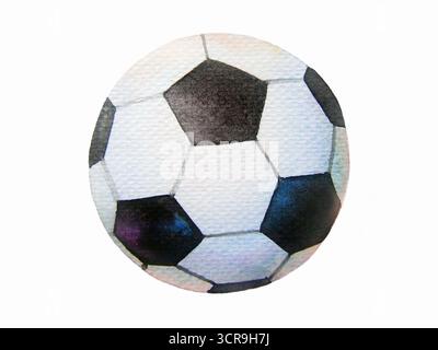 Pallone da calcio - disegno a mano dipinto ad acquerello su carta, isolato su sfondo bianco. Foto Stock