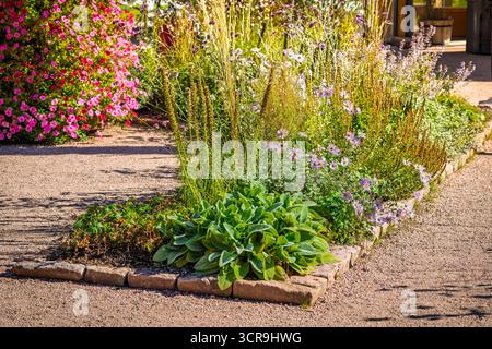 Giardino rurale con erbe assortite, verdure, piante, fiori e giardino in pietra Foto Stock