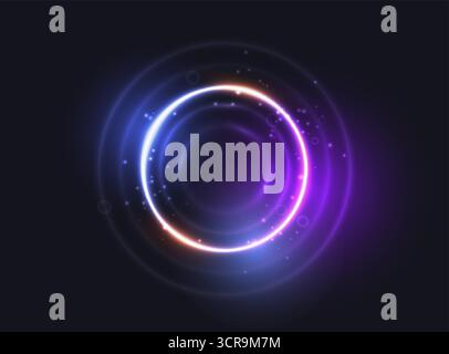 Sfondo ad anello al neon brillante e astratto. Cornice rotonda con cerchi chiari, scintille e effetti di luce blu e viola. Luce parassita vettoriale Illustrazione Vettoriale