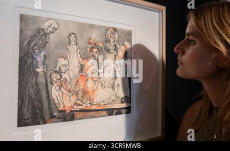 Bonhams, Londra, Regno Unito. 30 settembre 2025. "Blazing a Trail", Modern British Women Artists Works sale termina dal 1° ottobre 2025. Le attrazioni principali includono: Dame Paula Rego R.A. (1935-2022). Death Goes Shopping, stima 3.000-5.000 sterline. Crediti: Malcolm Park/Alamy Live News Foto Stock