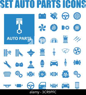Set icone ricambi auto - raccolta segnali isolati ricambi auto, componenti motore e veicolo - vettore stock Illustrazione Vettoriale