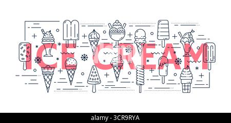 Icone della linea di gelato, segni lineari di coni di wafer, palline, panini e papaveri. Sfondo vettoriale con una varietà di dolci dessert estivi, simboli minimalisti di tratti in rosa, nero e bianco Illustrazione Vettoriale