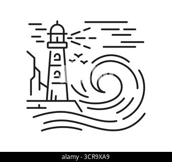 Icona o simbolo a linee sottili del paesaggio del faro costiero. Pittogramma vettoriale lineare della scena della linea costiera marittima, segno lineart di viaggio marittimo. Faro sulla scogliera rocciosa, oceano o onde marine delineano l'icona del paesaggio Illustrazione Vettoriale