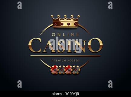 Logo del casinò online di lusso con corona dorata e chip da poker su sfondo grigio scuro. Ideale per siti di gioco d'azzardo, branding di casinò e premium Illustrazione Vettoriale