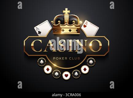 Emblema del casinò di lusso con corona dorata, assi e abiti da gioco classici. Mazze da gioco d'azzardo di design premium nero e oro, torneo di poker Illustrazione Vettoriale