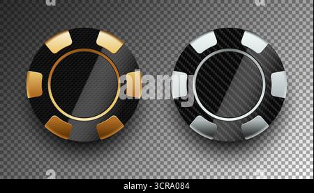 Chip poker argento e dorato logo del casinò vettoriale con struttura in carbonio nero isolato su sfondo trasparente. Futuristico torneo di poker o club di lusso Illustrazione Vettoriale