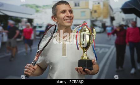 L'uomo che tiene in mano racchetta da tennis e trofeo sorride all'aperto per strada con persone ed edifici sfocati sullo sfondo, simboleggiando la vittoria e il successo Foto Stock