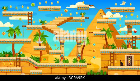 Piramidi egiziane di Giza, arcade con piattaforme, scale, monete bonus, palme e ostacoli sotto un cielo nuvoloso blu. Vector Ancient Egypt, avventura interattiva e gioco di esplorazione Illustrazione Vettoriale