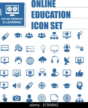 Set di icone di formazione online, icone di e-learning, insegne scolastiche online a distanza, elearning, e-Education digitale, chat, corso audio, sito web didattico, Illustrazione Vettoriale