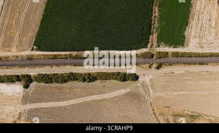 Una ferrovia che si estende tra campi verdi e terreni raccolti. Infrastrutture agricole e di trasporto. Foto Stock
