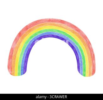 Disegnare un arcobaleno con matite colorate. Il disegno di un figlio di un arco curvo di un arcobaleno multicolore è isolato su uno sfondo bianco. Clipart Foto Stock