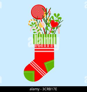 Motivo natalizio vettoriale senza cuciture con calze rosse piene di caramelle, lecca lecca, vegetazione e ornamenti su uno sfondo morbido, perfetto per tessuti, avvolgimenti e decorazioni natalizie. Illustrazione Vettoriale