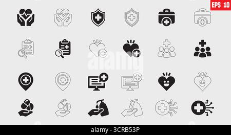 Set di icone Healthcare. Trattamento, prevenzione, medico, salute, raccolta di icone vettoriali solide. Illustrazione Vettoriale