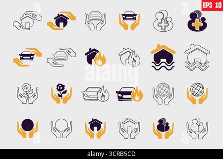 Collezione icona assicurazione. Colore Duotone. Illustrazione vettoriale. Contenente assicurazione, protezione, politica sulla privacy, consegna, auto, utente, assicurazione di viaggio Illustrazione Vettoriale