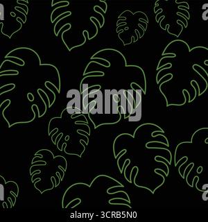 Sfondo nero scuro con stile Monstera Leaf Doodle Line Illustrazione Vettoriale