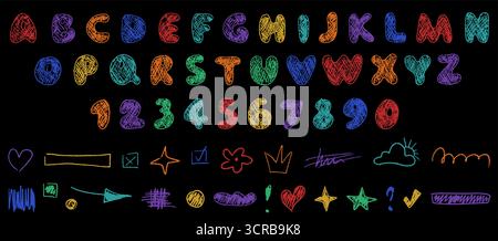 Le colorate rappresentazioni pastello dell'alfabeto inglese e dei numeri sono disposte su uno sfondo scuro. Vari scarabocchi giocosi accompagnano le lettere A. Illustrazione Vettoriale