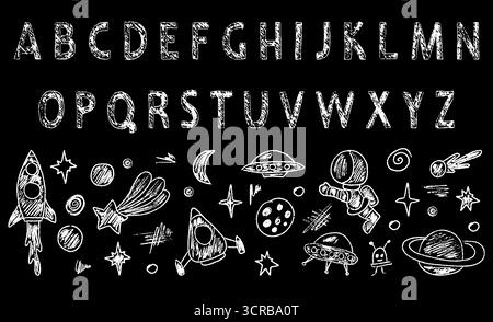 Vibrante opera d'arte del pastello che mostra un razzo lanciato tra stelle e pianeti, con carattere inglese del pastello Illustrazione Vettoriale