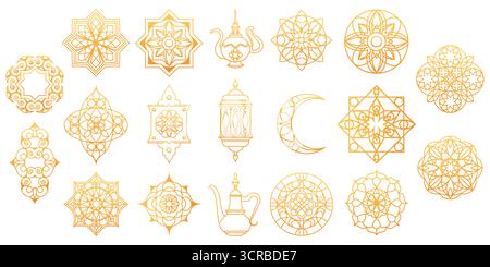 Icone di ornamento islamico Ramadan con lanterne dorate, mezzalune e stelle geometriche per la decorazione delle vacanze. Tradizionali motivi arabeschi con simboli della moschea. Motivi culturali e disegni festivi. Illustrazione Vettoriale