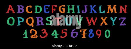 Lettere e numeri di pastello disegnati a mano con allegri scarabocchi su sfondo scuro a contrasto. Illustrazione Vettoriale