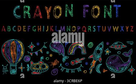 Colorato pastello raffigurante un razzo che sorvola il mare, con didascalie inglesi in stile pastello. Illustrazione Vettoriale