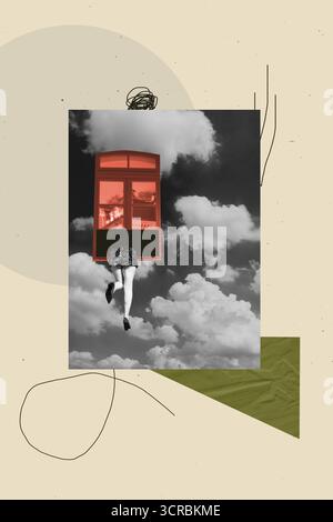 Immagine di schizzo composito disegno collage di poster giovane donna mezzo corpo gambe corsa finestra nuvola cielo urbano ritratto illustrazione moda sogno Foto Stock