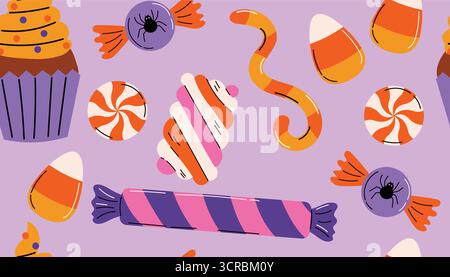 Festa di Halloween con caramelle, cupcake, vermi gommosi, marshmallow e mais caramelle in ordine disordinato in stile cartoni animati piatto. Perfetto per il testo Illustrazione Vettoriale