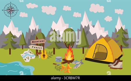 Scenario orizzontale del campeggio estivo con paesaggio montano, foresta, cielo nuvoloso blu, tenda, falò, pesce, cartina, chitarra, scarponi da trekking in stile cartoni animati Illustrazione Vettoriale