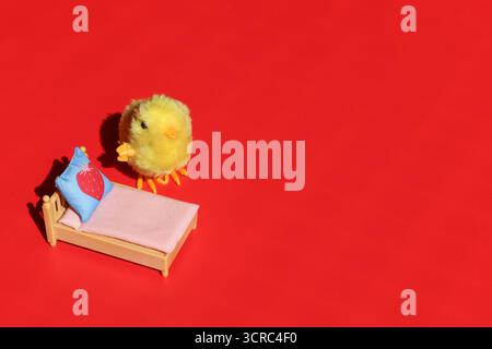 Pulcino piccolo cute che si prepara per andare a dormire nel suo letto. Concettuale. Foto Stock