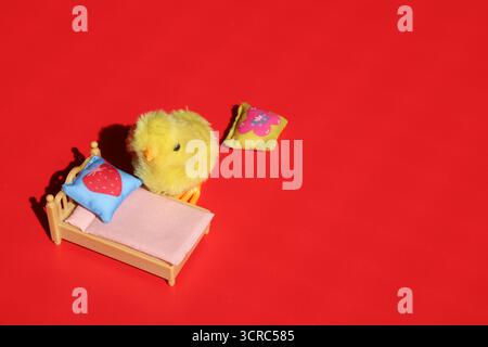 Pulcino piccolo cute che si prepara per andare a dormire nel suo letto. Concettuale. Foto Stock