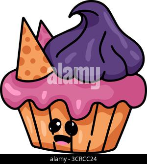 Collezione di graziosi cupcake di Halloween in stile kawaii con volti divertenti e decorazioni spaventose come cappelli, pipistrelli e zucche. Perfetto per fare festa Illustrazione Vettoriale
